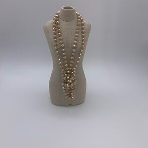 Long Vtg. MCM. Hand Knotted Shiny Sparkly Cream Beige Faced Glass Beads Necklace